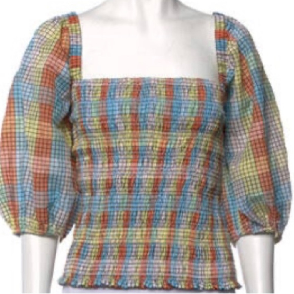 Ganni plaid top with smocking